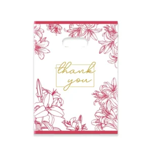 HOYO Red Lily Floral Print Plastic Thank You Bags Gold Script Die Cut Handle Bags for Retail & Boutique Stores