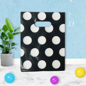 HOYO Retro Black Polka Dot Plastic Gift Bags Large White Dot Print Shopping Bags with Handles for Fashion Stores