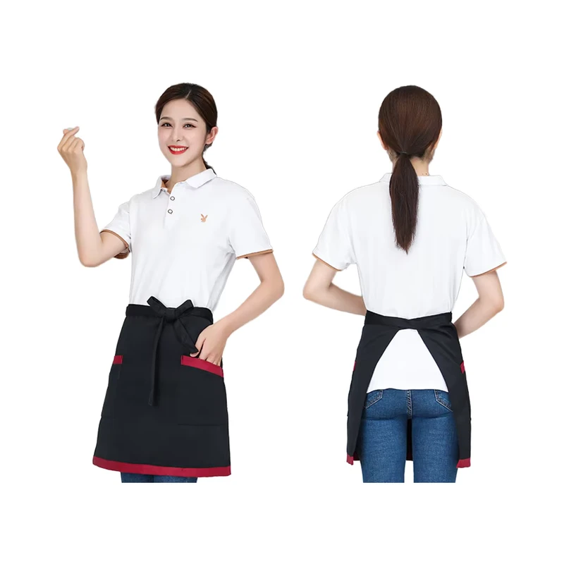 Half length Short Canvas Apron Custom Printed Logo Eco friendly Durable Service Staff Uniform for Hot Pot Barbecue Restaurants