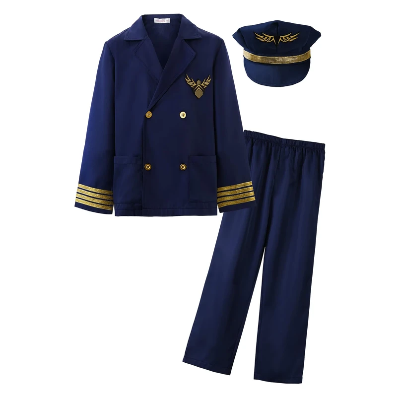Halloween Cosplay Kids Pilot Uniform Deluxe Costume Role Play Set with Jacket Trousers and Hat Halloween Cosplay Pilot Outfits