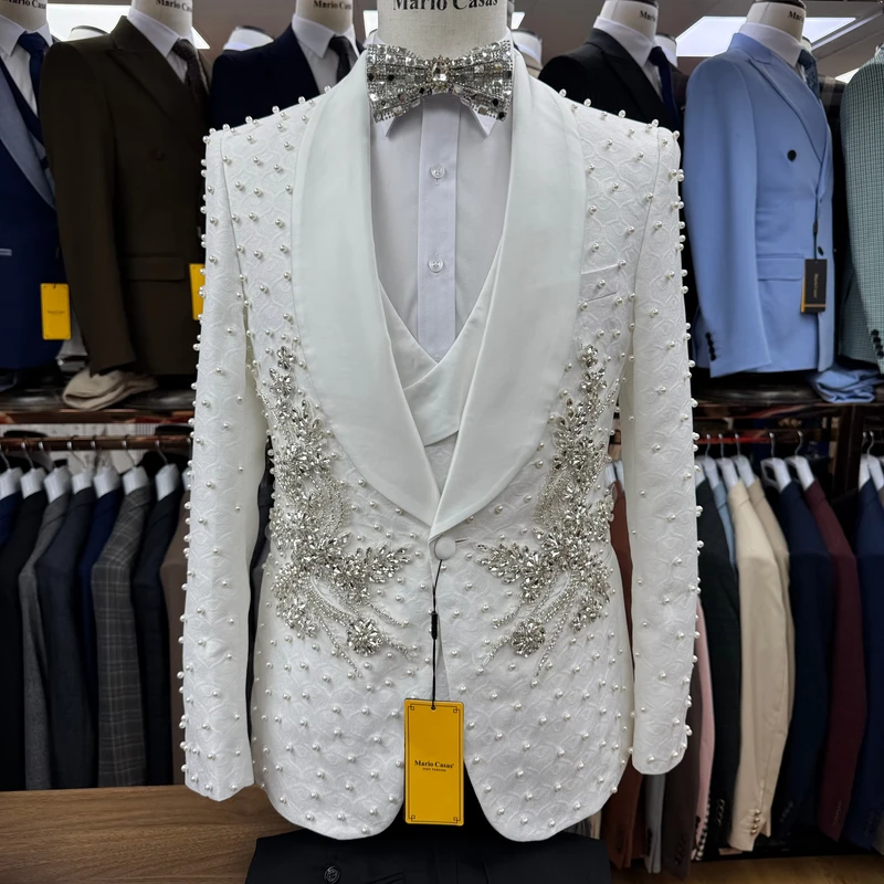 Handmade Beaded Large Size Business Suits Bridegroom Wedding Custom Suits