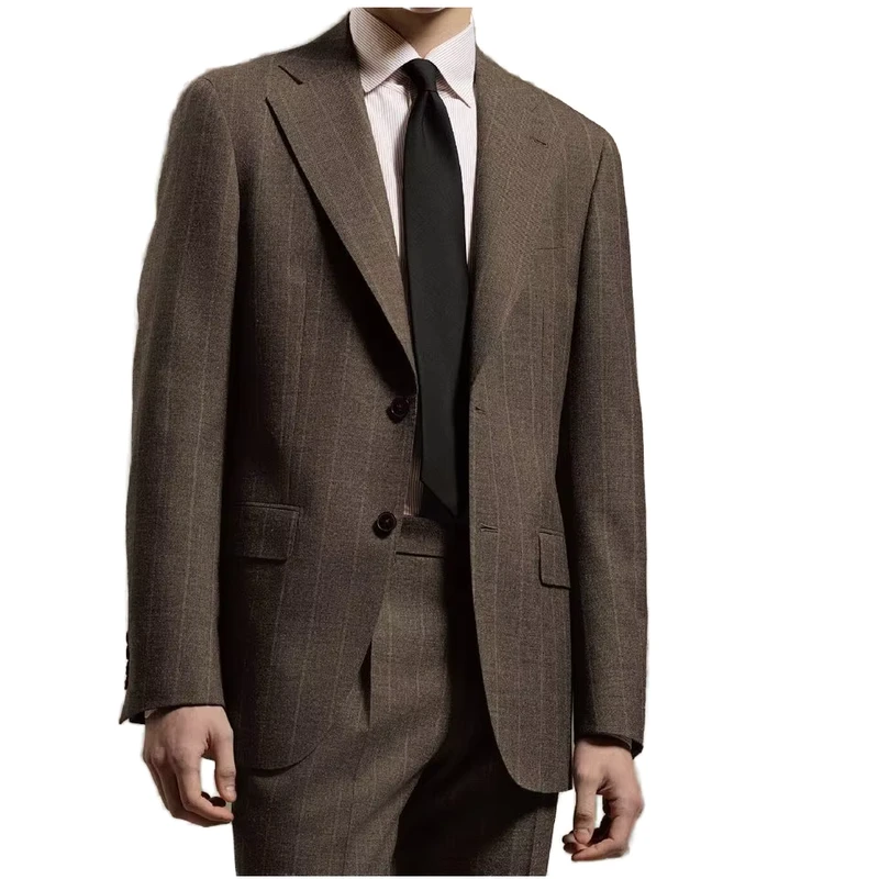 Haute Couture New British Series Single Breasted Notched Lapel Brown Striped Plaid Wool Suit for Men Business Classic Style