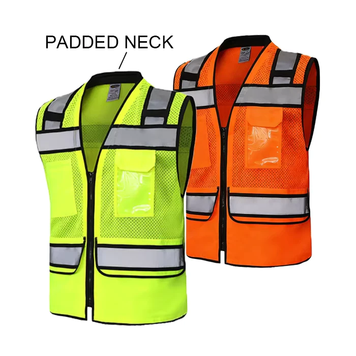Heavy Duty ANSI Class 2 Hi Vis Polyester Safety Vest Customized Logo Reflective Mesh Fabric Zipper Closure Multiple Pockets