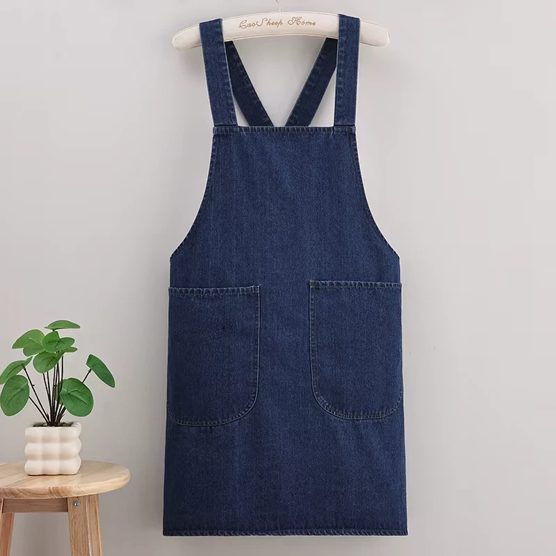 Heavy-Duty Cross-Back Unisex Denim Kitchen Apron with Large Pockets for Cooking, Baking, Restaurants, and Bars