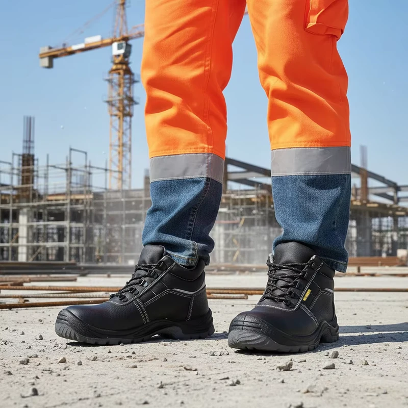 Heavy Duty Men's Mid-top Safety Shoes Genuine Leather Work Boots Steel Toe Puncture Proof Anti-Slip for Construction & Mining