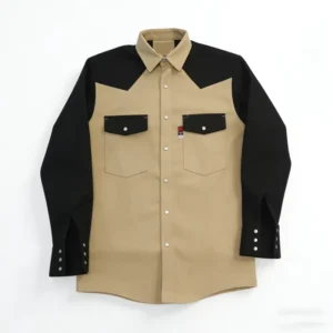 Heavy Weight Durable Two Color Khaki with Black Western Style Cotton FR Fire Resistant Workwear Welding Shirt with Snap Button