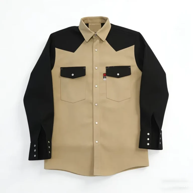 Heavy-Weight-Durable-Two-Color-Khaki-with-Black-Western-Style-Cotton-FR-Fire-Resistant-Workwear-Welding-Shirt-with-Snap-Button