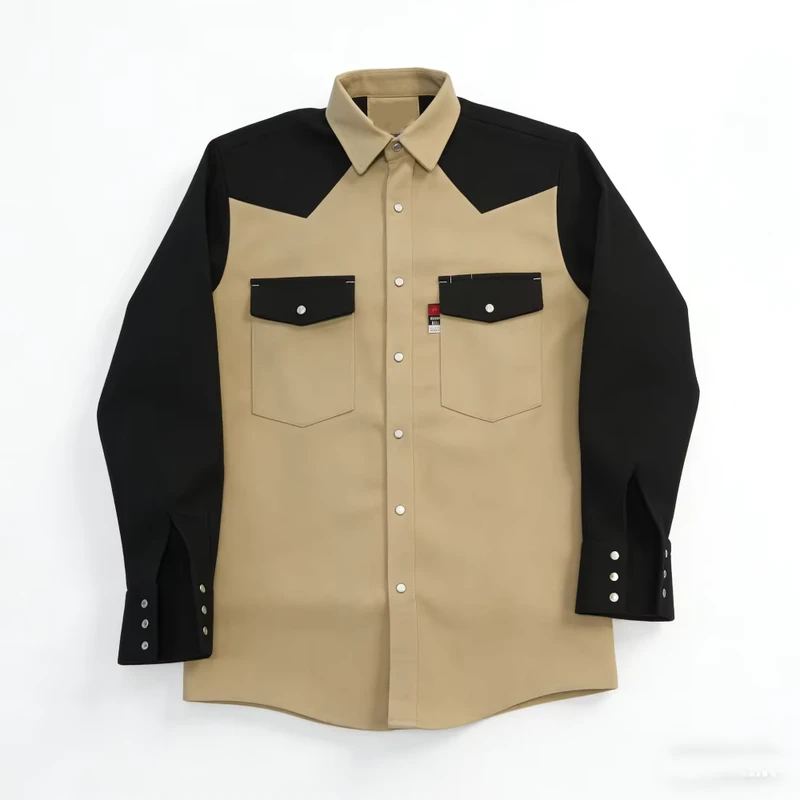Heavy Weight Durable Two Color Khaki with Black Western Style Cotton FR Fire Resistant Workwear Welding Shirt with Snap Button
