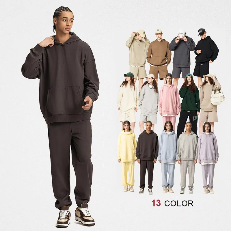 Heavyweight French Terry Without Strings Hoodie Set Custom Designs Oversize Drop Shoulder Hoodie Set for Men