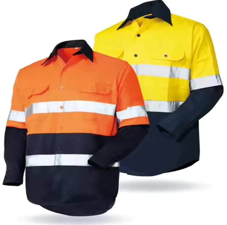 Hi Vis 100% Cotton Twill Woven Working Shirt With Reflective Workwear