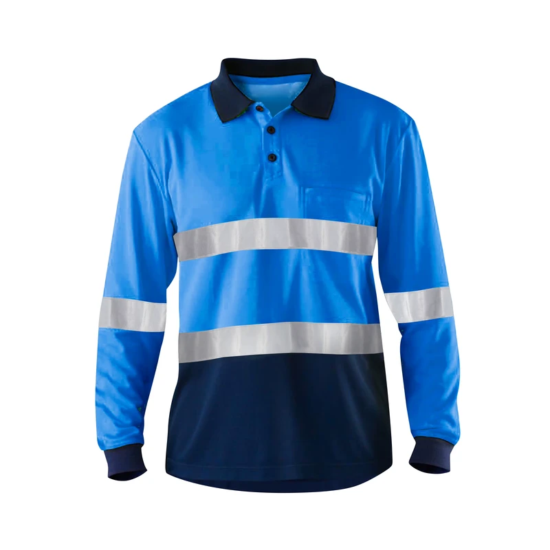 Hi Vis 100% Polyester Blue Safety Reflective Polo Shirts for Mining Construction Industrial WP-01L