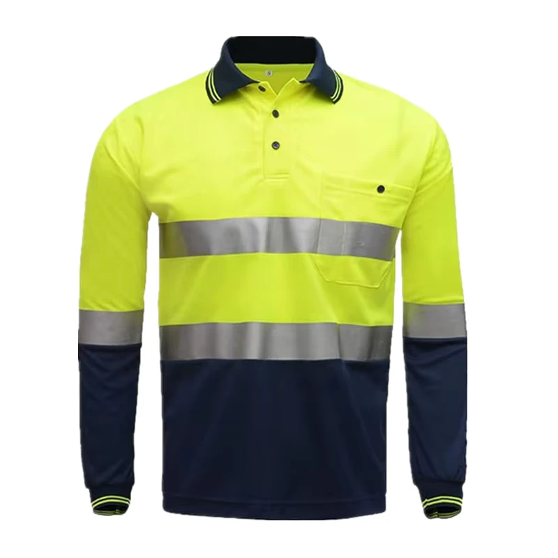 Hi Vis 100% Polyester Breathable Birdseye Mesh Dry Fit Reflective Long Sleeve Safety Polo Shirts 5cm Reflective Tape Yellow for