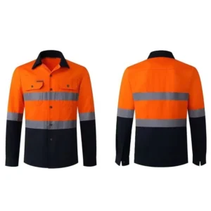Hi Vis Breathable Two Tone Long Sleeve Work Shirt AS NZS Compliant Orange Green Reflective Safety Cotton Drill Construction