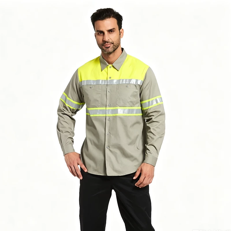 Hi Vis Contrast Color Reflective Long Sleeve Work Shirt Durable Safety Uniform for Site Workers Security Staff