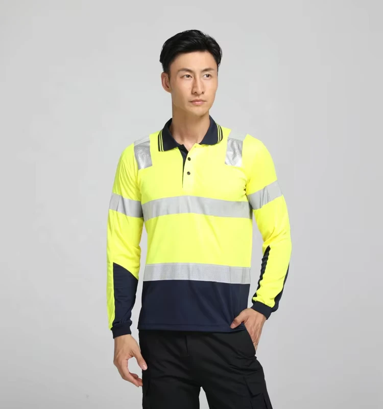 Hi Vis Cotton Polo Shirt Custom Logo Men Long Sleeve Reflective Work Polos