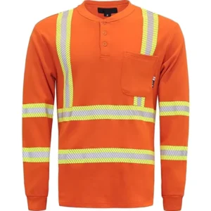 Hi Vis Flame Resistant Cotton Pullover T Shirt with Reflective Tape Arc Flash Protection CAT2 ASTM Certified 9.6 ATPV Rating