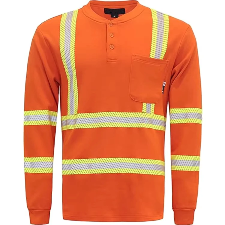 Hi Vis Flame Resistant Cotton Pullover T Shirt with Reflective Tape Arc Flash Protection CAT2 ASTM Certified 9.6 ATPV Rating