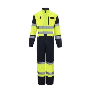 Hi Vis Fluorescent Yellow Safety Coverall With Stand up Collar Comfortable Auto Repair Uniform Maintenance Clothing