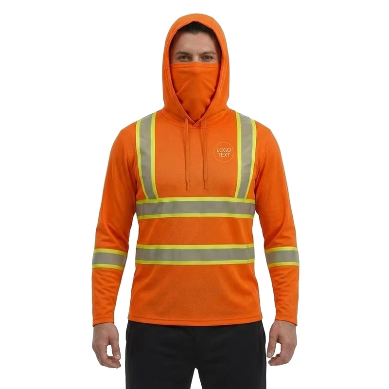 Hi Vis Hooded Safety Shirt with Face Mask Long Sleeve Safety Shirt for Work Outdoors with Customized Logo