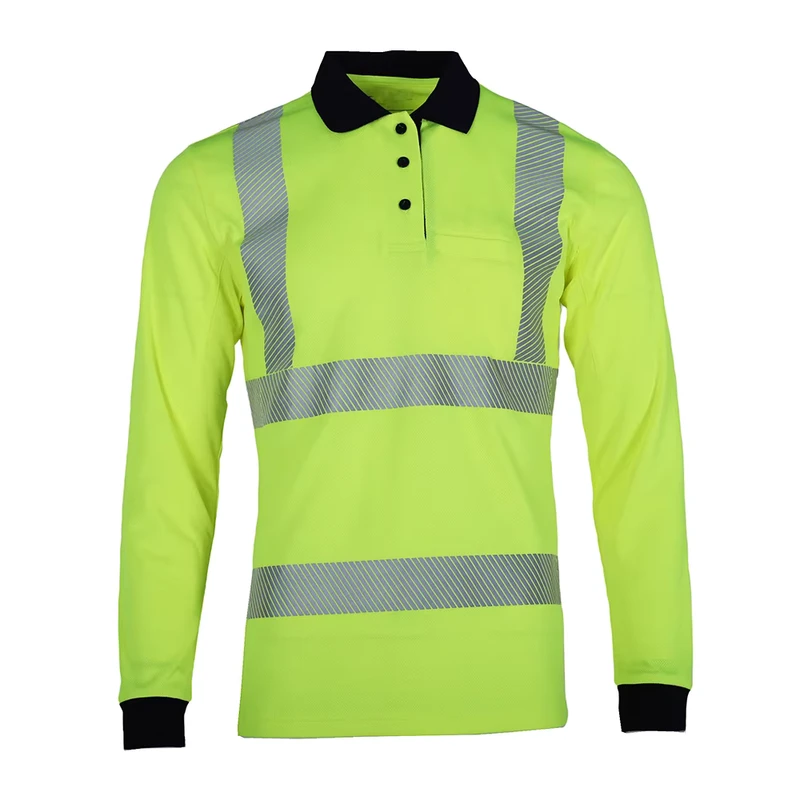 Hi Vis LS Polo Shirts Breathable Polyester Fluorescent Orange Reflective Material Night Safety Workwear for Traffic Roadway