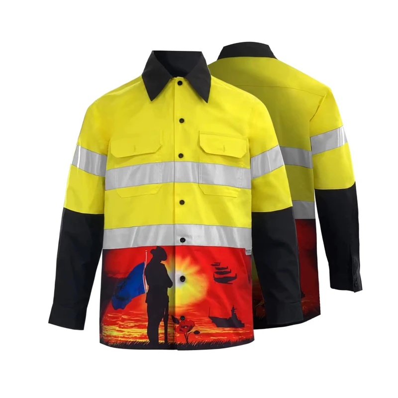 Hi Vis Long Sleeve Safety Work Shirt Customize Your Design ANSI Class 2 Reflective Workwear Printed Industrial Uniform