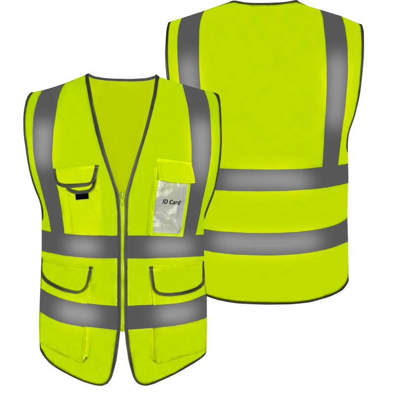 Hi Vis Mesh Workwear Vest for Men with Zipper, Multi Pockets, Fluorescent Reflective Tape, CE ANSI EN20471 Class 2