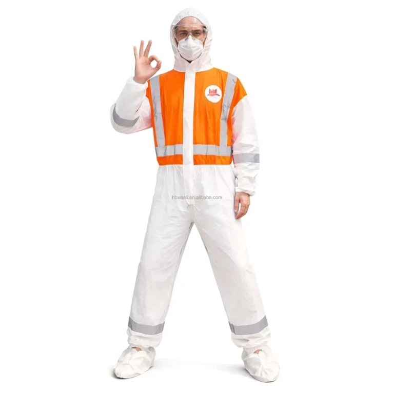 Hi-Vis-Orange-White-Microporous-Coverall-with-Reflective-Bands-for-Road-Work-Construction-Use