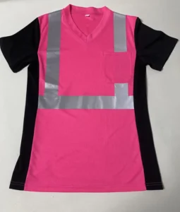 Hi Vis Pink and Black V Neck Reflective Safety T Shirt Short Sleeve Breathable Bird Eye Mesh Workwear