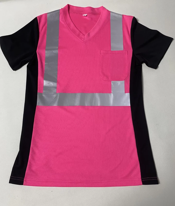 Hi Vis Pink and Black V Neck Reflective Safety T Shirt Short Sleeve Breathable Bird Eye Mesh Workwear