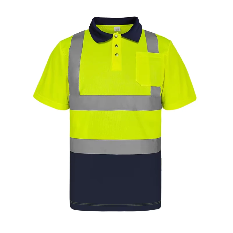Hi Vis Polo Shirts Quick Dry Polyester Fabric Work Wear with Button Closure Short Sleeves Reflective Safety Clothing