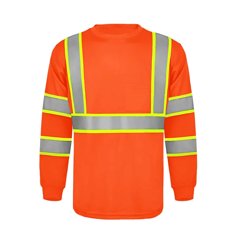 Hi Vis Reflective Breathable Long Sleeve Safety Work Shirt with Pocket ANSI Class 3 Construction Industrial Workwear