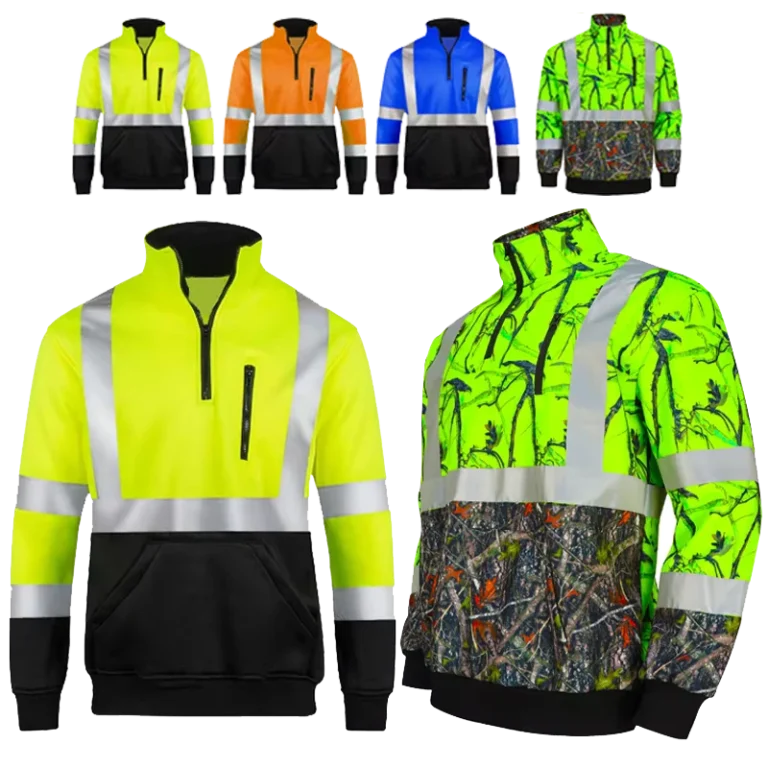 Hi-Vis-Reflective-Construction-Workers-Work-Sweatshirt-Warm-Class-3-Quarter-Zip-Fleece-Safety-Pullover
