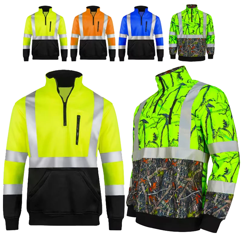 Hi Vis Reflective Construction Workers Work Sweatshirt Warm Class 3 Quarter Zip Fleece Safety Pullover