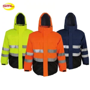 Hi Vis Reflective Cotton Padded Winter Jacket Hooded Safety Work Parka ANSI Class 3 Windproof For Cold Outdoor Construction