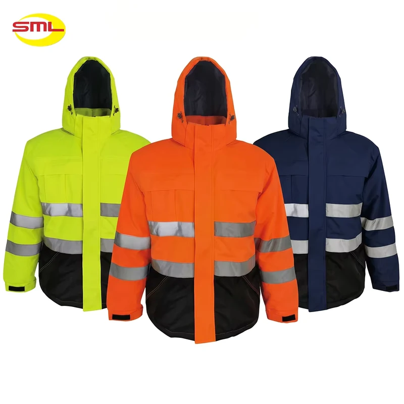 Hi Vis Reflective Cotton Padded Winter Jacket Hooded Safety Work Parka ANSI Class 3 Windproof For Cold Outdoor Construction