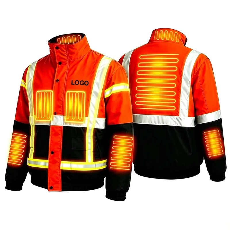 Hi Vis Reflective Heated Work Jacket USB Recharge 4 Temp Settings Adjustable Temp Windproof Winter Safety Thermal Working Coat
