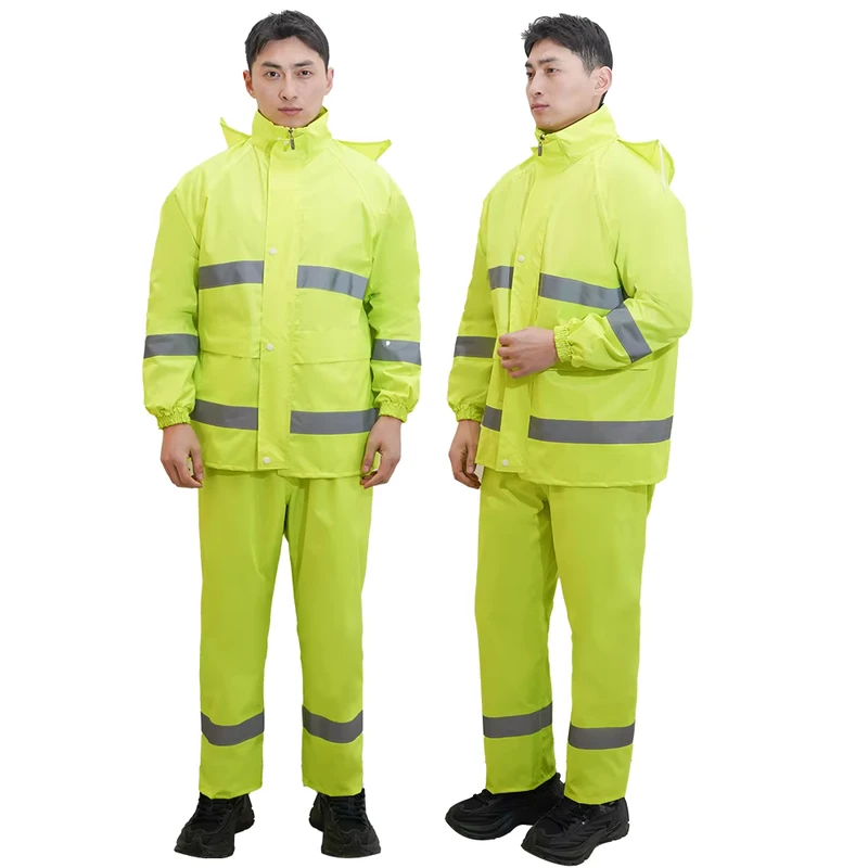 Hi Vis Reflective Rainsuit Jacket Construction Raincoat Workwear Oxford Orange Hooded Safety Raincoat with Reflecting Strips