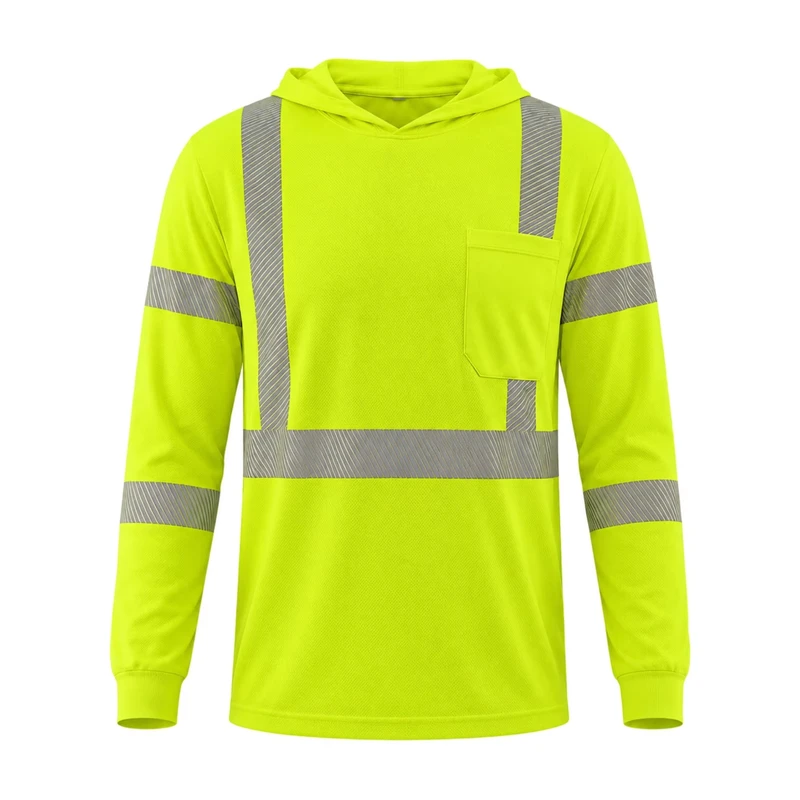 Hi Vis Reflective Safety Hoodie Long Sleeve Work Shirt Breathable Bird Eye Fabric ANSI Class 3 Pocket Hoodie