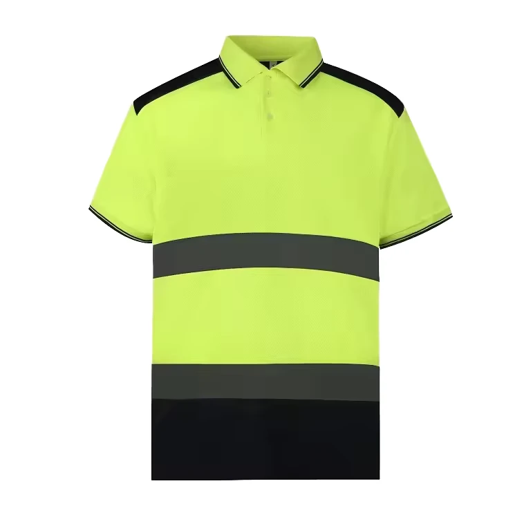 Hi Vis Reflective Safety Polo Shirt Short Sleeve Fluorescent Yellow Birdseye Quick Dry for Construction Workers Class 2