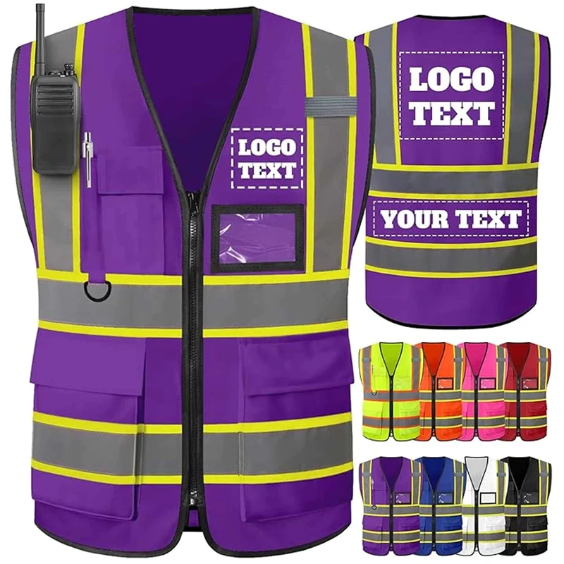 Hi Vis Reflective Safety Vest Black and Purple with Zipper and Pockets for Security Guards and Construction Workers