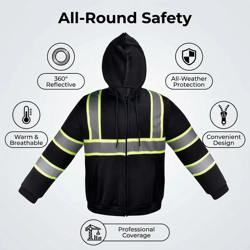 Hi Vis Reflective Safety Work Wear Jacket Winter Black and White Reflective Jacket with Hooded Drawcord