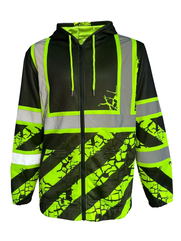 Hi Vis Reflective Safety Zip Up Hoodie for Men Black Neon Green Construction Workwear with Large Front Pocket Reflective Hoodie