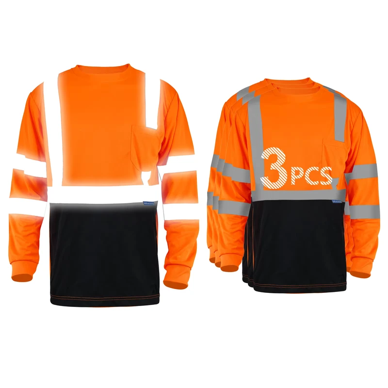 Hi-Vis Reflective Shirt Orange Black Long Sleeve Safety T-Shirt Custom Logo