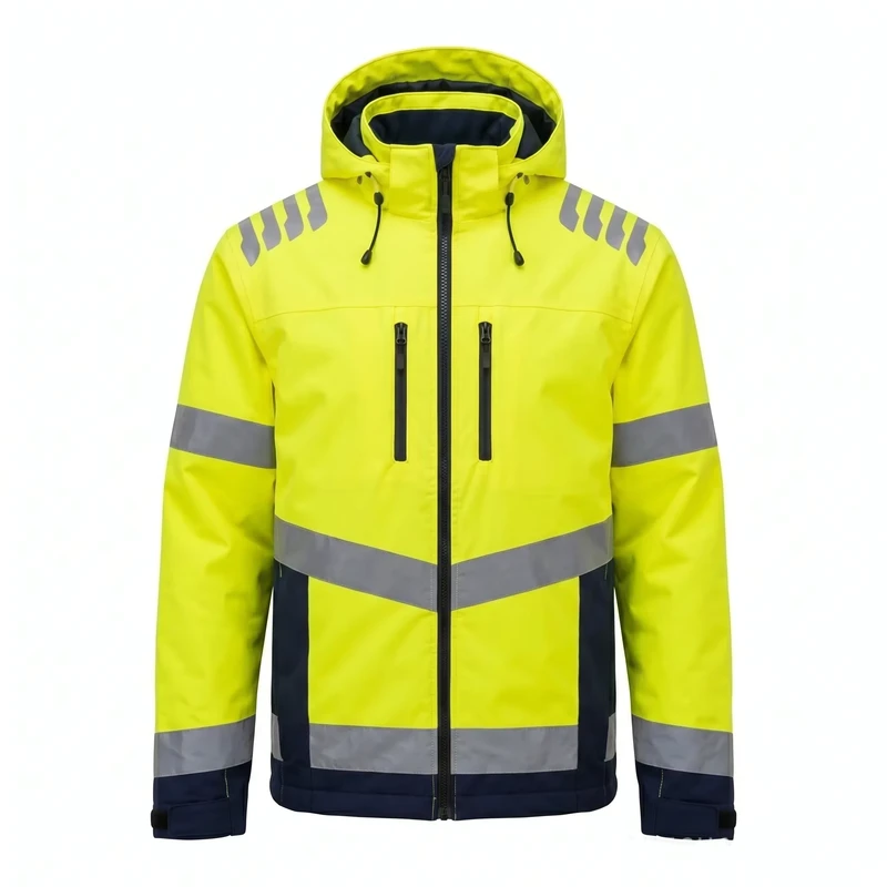 Hi-Vis Reflective Waterproof Safety Jacket 8000mm 300D Poly Oxford TPU Mechanical Stretch Hooded for Men Construction