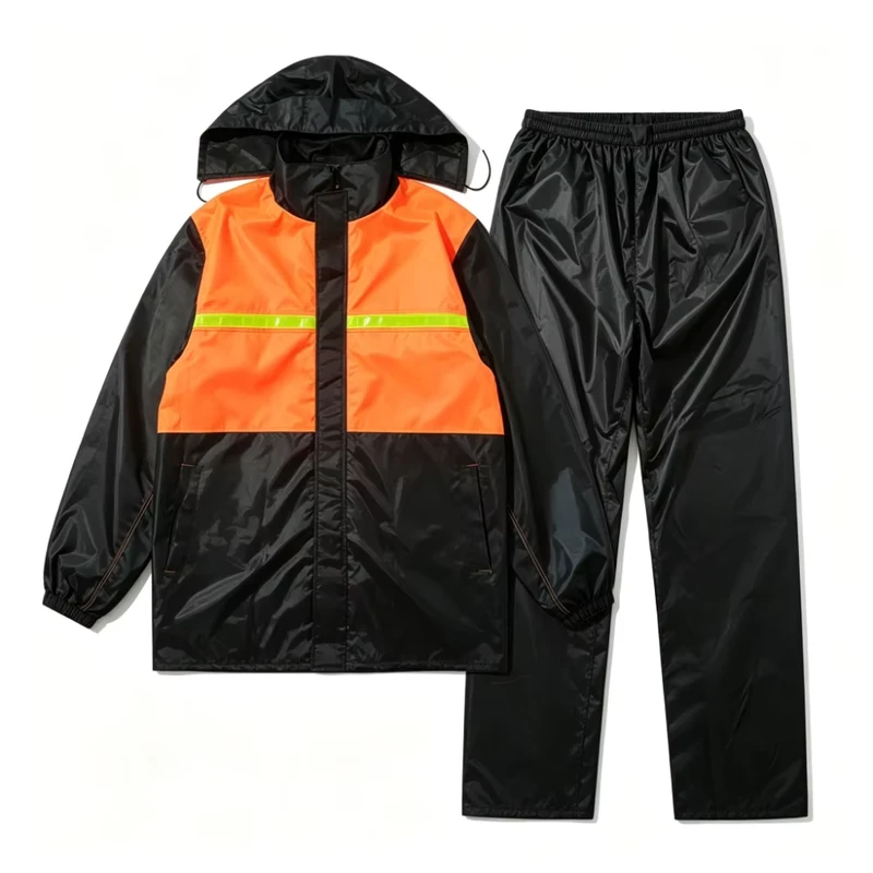 Hi-Vis Reflective Waterproof Split Rain Suit Black and Orange Hooded Jacket and Pants