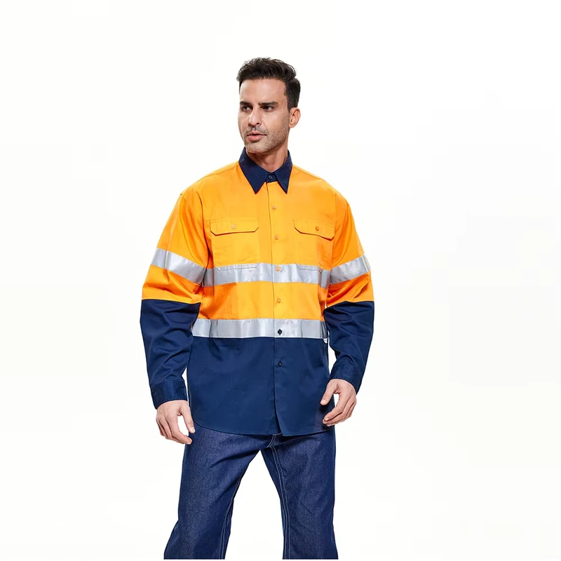 Hi Vis Reflective Work Shirt Orange Navy Breathable Safety Uniform Long Sleeve Shirt Underarm with Breathable Mesh Fabric