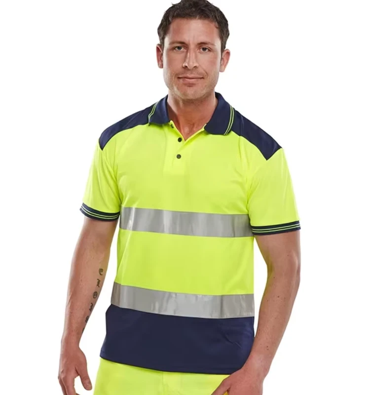 Hi Vis Safety ANSI Class 2 Yellow High Visibility Shirts Customizable Logo Short Sleeve Two Tone Design Unisex