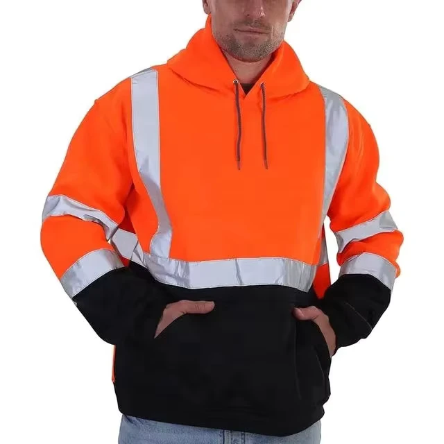 Hi Vis Safety Fleece Pull Over Hoodie Jumper Jacket Workwear Hoodies With Black Bottom for Workwear Fleece