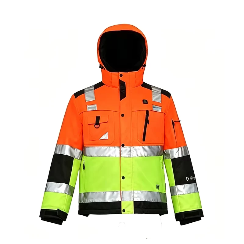 Hi Vis Safety Jacket Polyester Water Resistant Reflective Workwear with Hood for Construction and Road Workers Winter Work Jacket