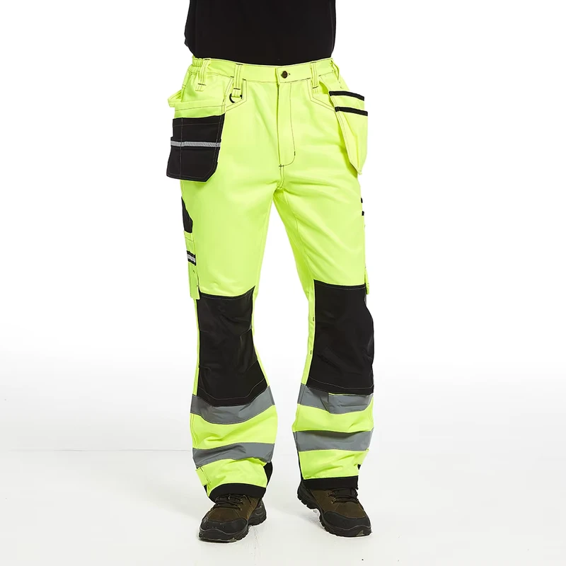 Hi Vis Safety Reflective Workwear Cargo Pants ANSI Class 2 Multi Pocket Reinforced Construction Pants with Tools Holster Pockets
